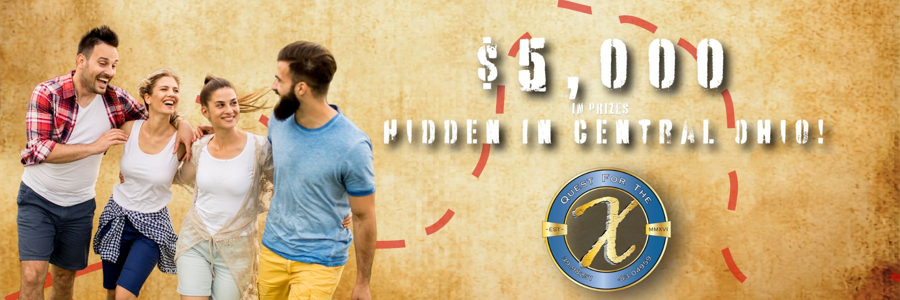 Quest for the X treasure hunt event banner featuring participants and a $5000 prize at Escape It Grandview